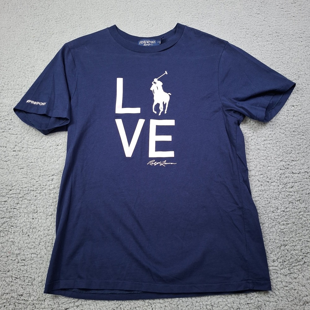Ralph Lauren Womens Large Pink Pony Walk Love Graphic T Shirt Blue Cotton